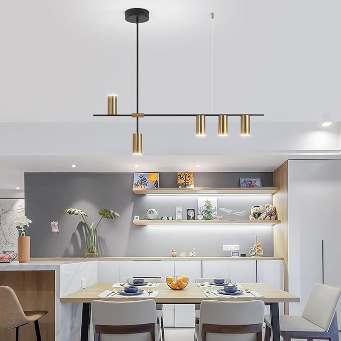 Siittoo Modern Kitchen Island Light with Remote, Dimmable LED Linear Pendant Light, 39.3" Black Gold Dining Room Light Fixture Over Table (30W, 5-Light)