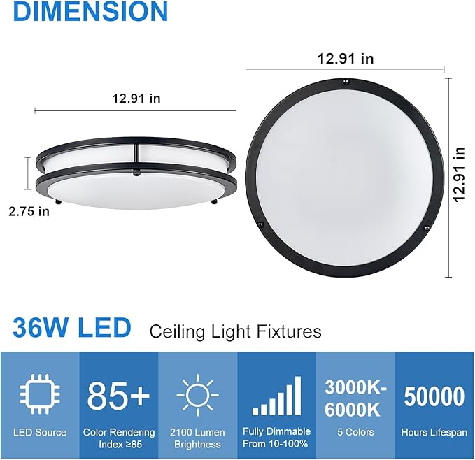 DLLT 2Pack Flush Mount LED Ceiling Light: 13 Inch 5CCT (3000K-6000K) & Dimmable Ceiling Light Fixtures for Bedroom Hallway - 24W Modern Black Super Bright Kitchen Lighting Fixtures Ceiling