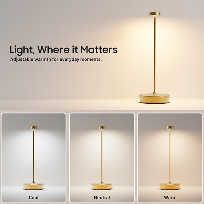 Cordless LED Table Lamp，Rechargeable Battery Desk Lamps, 3 Color Stepless Dimmable Metal Battery Table Lamps, Portable Waterproof Table Light for Indoor/Outdoor/Restaurant (2Pack Brass)