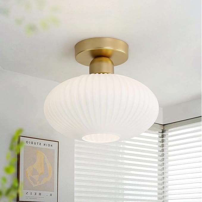KCO Lighting Mid Century Modern Large Semi Flush Mount Ceiling Light Fixture White and Gold Living Room Flush Mount Ceiling Light Vintage Milk Glass Globe Close to Ceiling Light