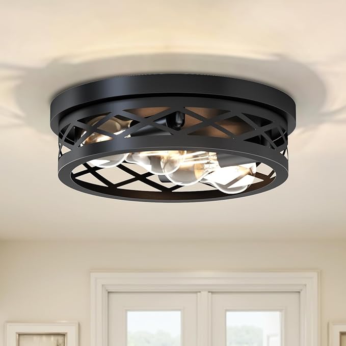 LVWIT 13.8 Inch Flush Mount Ceiling Light Fixtures, 4-Light Black Hallway Light, Round Light Fixtures Ceiling Mount for Kitchen Entryway Hall ((E26 Base, Bulbs Not Included)