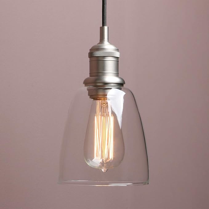 Yosoan 1-Light Vintage Edison Hanging Pendant Light, Indoor Modern Hardwired Mini Oval Cone Clear Glass Shade for Kitchen Bathroom Porch Living Room Dinning Room Office Restaurants Bar Island(Brushed)