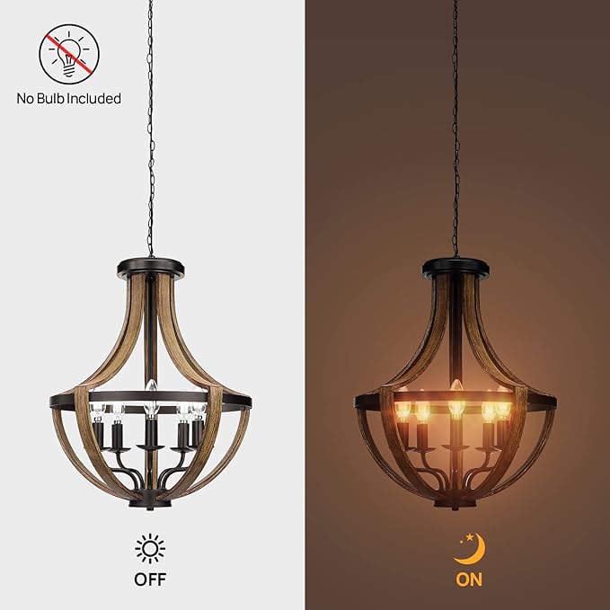 17.7" Modern Farmhouse Geometric Chandelier Light Fixture, 5-Light Adjustable Height Rustic Hanging Pendant Lighting for Dining Room Foyer Kitchen Island, ‎Retro Wood Texture and Black Finish