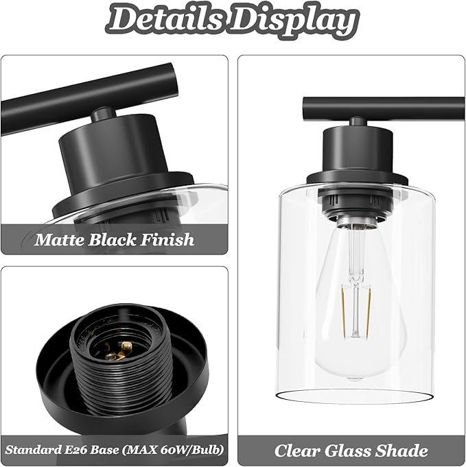 5-Light Black Bathroom Vanity Lights, E26 Modern Bathroom Light Fixtures with Clear Glass Shade, Mirror Kitchen Hallway Cabinet Living Room Sconces Wall Lights