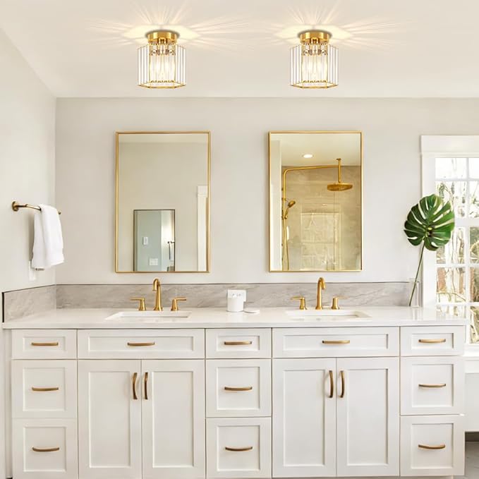 TOULMJ 2 Pack Brushed Gold Ceiling Lights, Modern Crystal Semi Flush Mount Kitchen Ceiling Lighting Fixtures Hallway Ceiling Lamp for Bathroom Bedroom Laundry Room Entryway Foyer Lighting