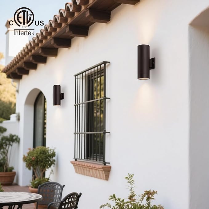 mirrea Modern Outdoor Porch Light Patio Light in 2 Lights with Aluminum Cylinder and Tempered Glass Cover Waterproof Wall Sconce 2 Pack (Oil Rubbed Bronze)