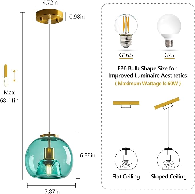 Light Blue Glass Pendant Lights Kitchen Island Gold Hanging Light Fixture Glass Globe Pendant Light Modern Pendant Lighting for Kitchen Island Bedroom Dining Room (7.87", 1 Pack)
