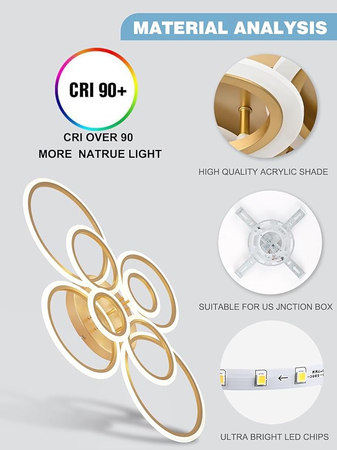 Vikaey Modern LED Flush Mount Ceiling Light, 8 Rings Gold Close to Ceiling Light Fixtures, Living Room Lighting Ceiling Lamp for Dining Room, Bedroom, Kitchen, 4000K Not Dimmable