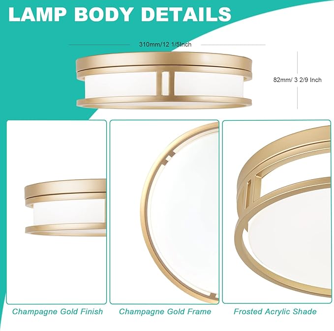 12.5 Inch LED Flush Mount Ceiling Light Fixture, 26W, Super Bright 1700 Lumens, 3 Color 3000K/4000K/5000K, Dimmable Ceiling Lamp for Bedroom Hallway Bathroom Kitchen (Gold)