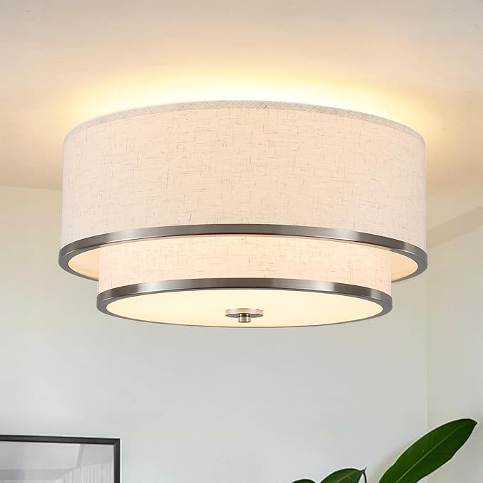Luupyia 15.75 Inches Fabric Drum Ceiling Light, 3-Lights White Simple Semi Flush Mount Ceiling Lights with Double Fabric Shade, Drum Overhead Lighting for Bedroom Hallway Living Room E26, 60W