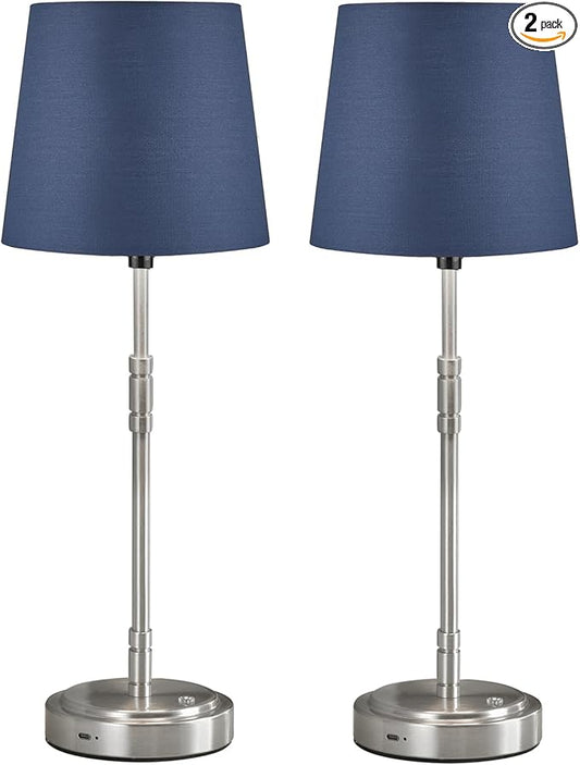 Cordless Table Lamps Set of 2 – Battery Operated Lamp with 7500mAh Rechargeable Battery, Stepless Dimmable Brushed Nickel Lamps with Blue Shade, Wireless Lamps for Dining Room (Bulbs Included)