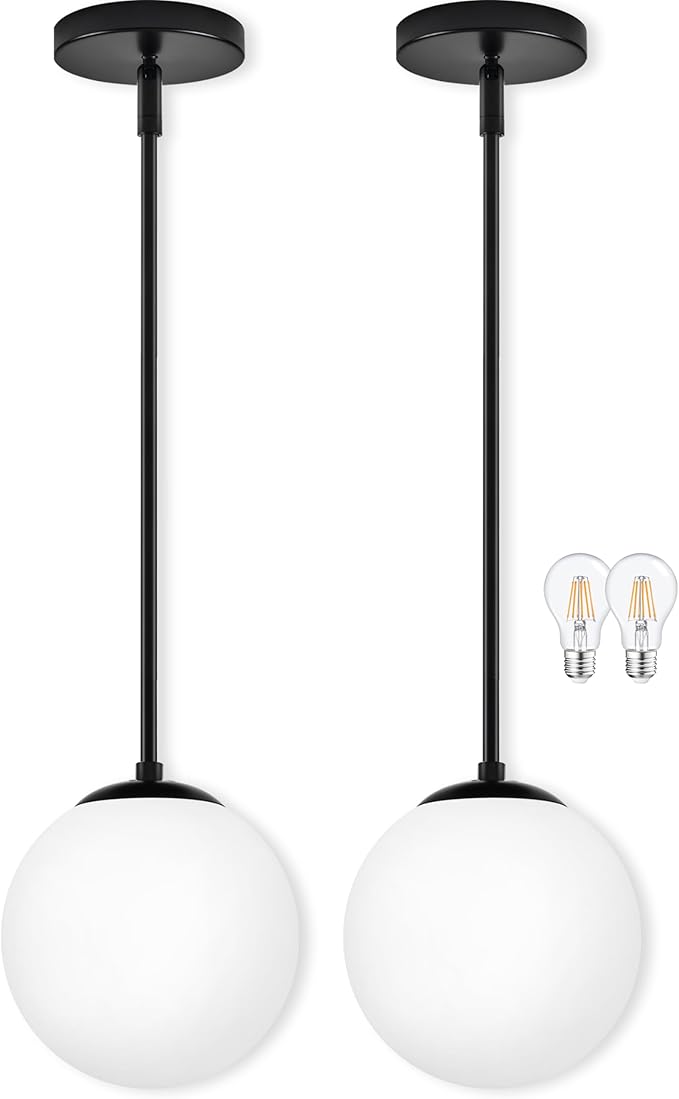 Bagood 8" Globe Pendant Light Black 2 Pack Mid Century Pendant Light Globe Pendant Lights Kitchen Island Matte Black Finished with Milk Glass Adjustable Ceiling Light Fixtures for Dining Room Bar