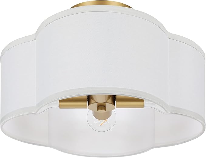 4-Light 14.4'' Semi Flush Mount Ceiling Light Fixture, Gold Modern Close to Ceiling Lamp with White Fabric Shade, Farmhouse Bright Lighting Brass Finish for Nursery Kids Room Bedroom Hallway Entryway