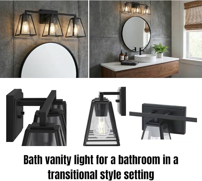 LYTIO Bathroom Light Fixture 24 Inch 3 Light Bath Vanity Light with Clear Glass Shades Wall Lamp for Mirror Living Room Hallway Cabinet 100W