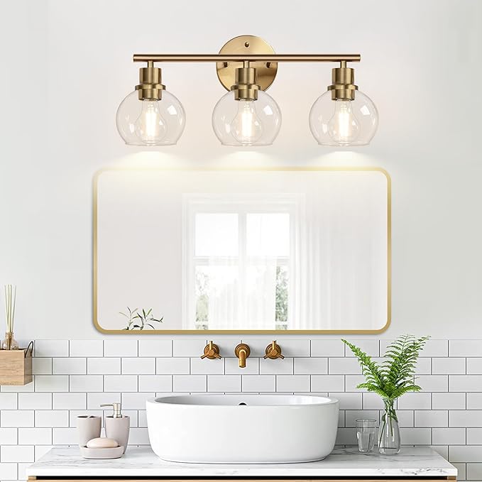 Indoi 3-Light Bathroom Light Fixtures, Brushed Brass Bathroom Lights Over Mirror with Clear Glass Globe Shade, Vanity Lights for Bathroom Kitchen Living Room Hallway Cabinet Bedroom Porch