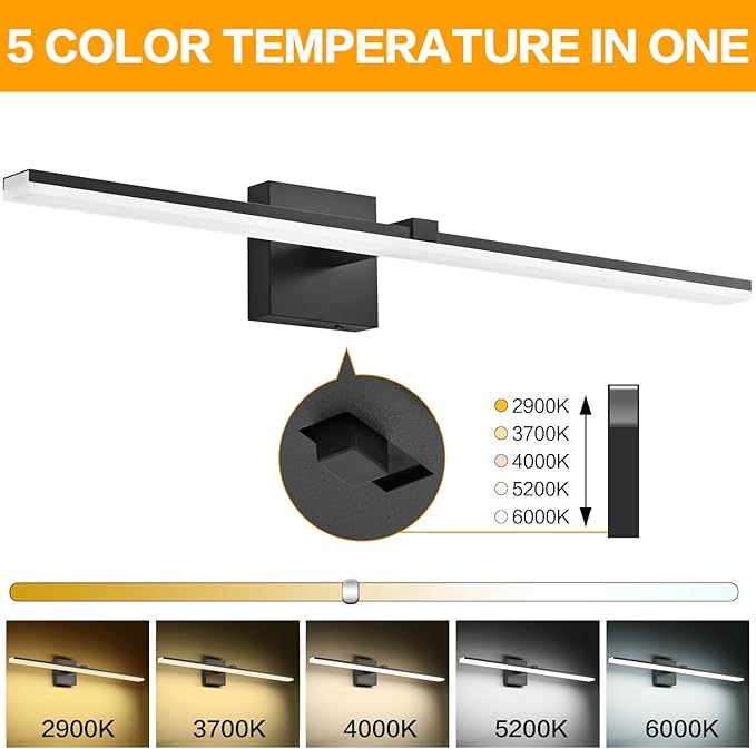 ZUZITO Black Bathroom Light Fixtures 30inch Modern Vanity Lights for Bathroom 5CCT Dimmable 22W LED Bath Wall Lighting Fixtures Over Mirror