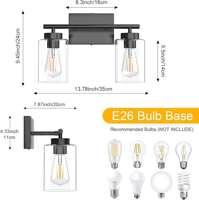 Aipsun 2 Light Matte Black Vanity Light Vintage Wall Sconces Lighting, Industrial Wall Light Fixture for Bathroom Kitchen Bedroom Living Room(Exclude Bulb)
