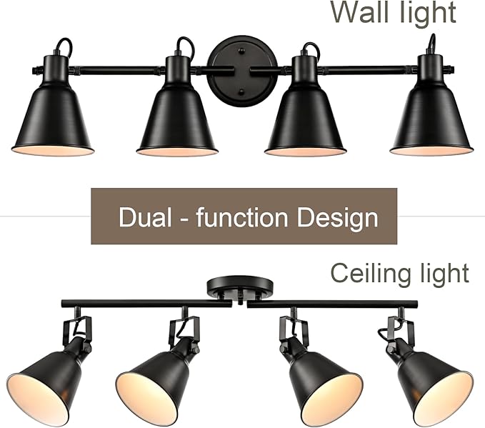 DIRYZON 4-Light Industrial Matte Black Adjustable Round Track Lighting, Semi Flush Mount Ceiling Light with Multi-Directional Heads for Kitchen, Living Room, Bedroom, Hallway, Dimmable