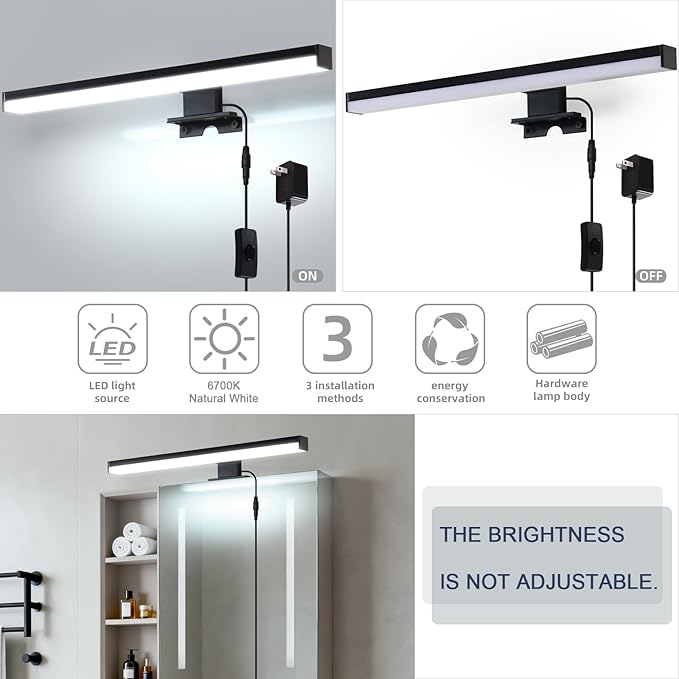 15.4" Plug in Bathroom Light Fixtures Matte Black Vanity Lights,7W LED Picture Light 3 Installation Methods 6700K White-Light Vanity Light Bar Wall Sconce for Bedroom/Living Room/Kitchen