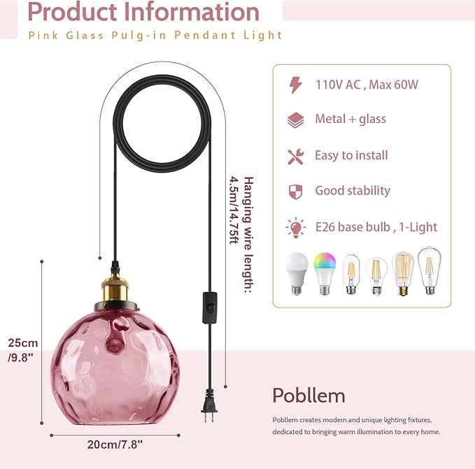 Pink Glass Hanging Light Plug in Hammered Glass Pendant Light Modern Hanging Globe Light Fixture Plug in Chandelier Lighting with Long Cord for Girls Bedroom Living Room Dining Room Ceiling