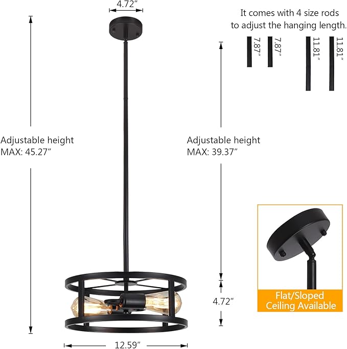 Industrial Black Semi Flush Mount Ceiling Light,Farmhouse Kitchen Lighting, Sloped Ceilings Lights Fixtures for Dining Room Hallway Entryway, 2-Light