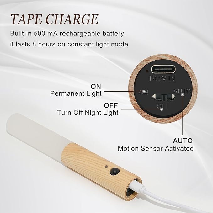 Motion Sensor Wall Sconces, Smart Portable Sensor Night Light Wood USB Rechargeable Magnetic Night Light (White Ash Wood 2PCS)