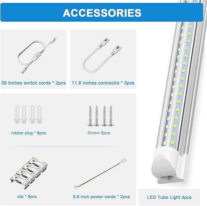 SHOPLED 3FT LED Shop Light, 30W 4000LM 5000K Daylight White, V Shape, Linkable T8 Ceiling Light Fixtures, 3 Foot LED Tube Lights for Workshop, 4 Pack