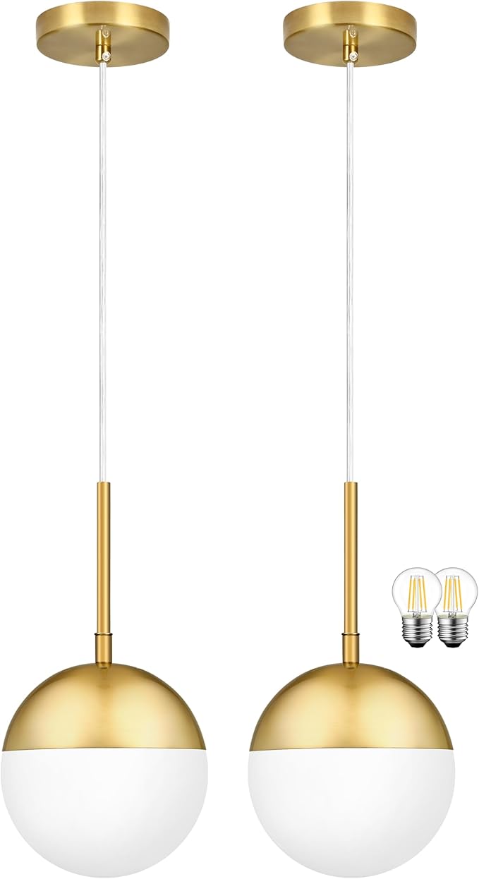 6 Inch Gold 2 Pack Mid Century Modern Pendant Light Pendants for Kitchen Island Frosted Milky White Glass Globe Height-Adjustable Modern Hanging Globe Pendant Light for Bedroom (Bulb Incl)