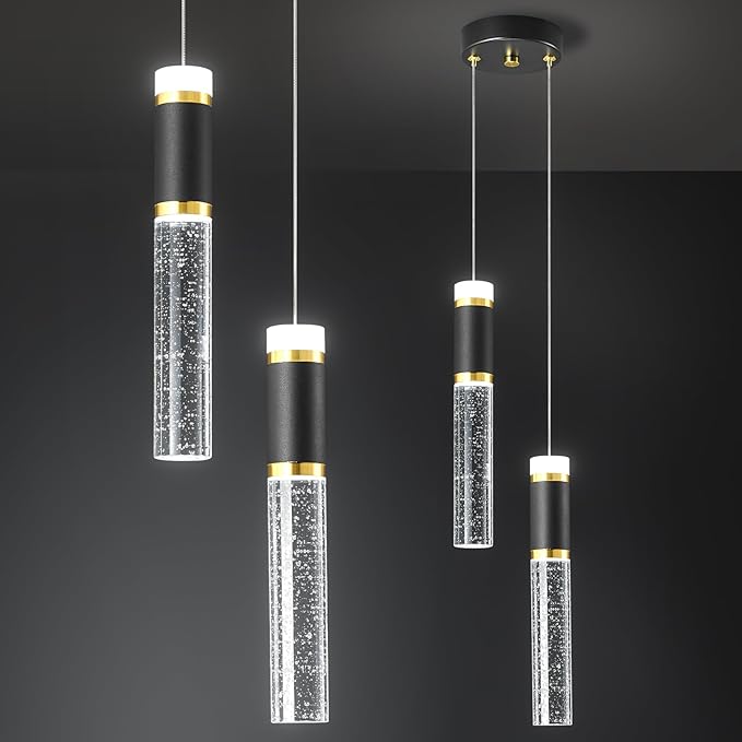 2-Light Pendant Lights Kitchen Island Black Small Pendant Lights, Dimmable LED Hanging Light with Bubble Crystal Pendant Light Modern Black Gold Mini Pendant Light