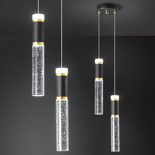 2-Light Pendant Lights Kitchen Island Black Small Pendant Lights, Dimmable LED Hanging Light with Bubble Crystal Pendant Light Modern Black Gold Mini Pendant Light