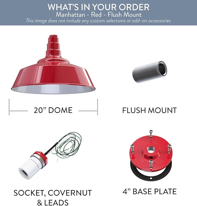 Steel Lighting Co. Manhattan Warehouse Light | Ceiling Mounted Pendant | 20 inch Dome | Flush Mount | Large Steel Barn Light Made in America | Red Exterior/White Interior