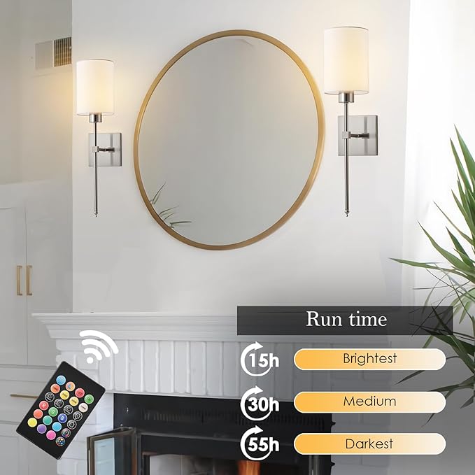 KARTOOSH Battery Operated Wall Sconce Set of Two, Wireless Rechargeable Wall Light with Remote Control, Dimmable, 4 Color Temperatures, RGB, Timer, for Living Room,Bedroom,Entryway, Nickel, 20.6 Inch