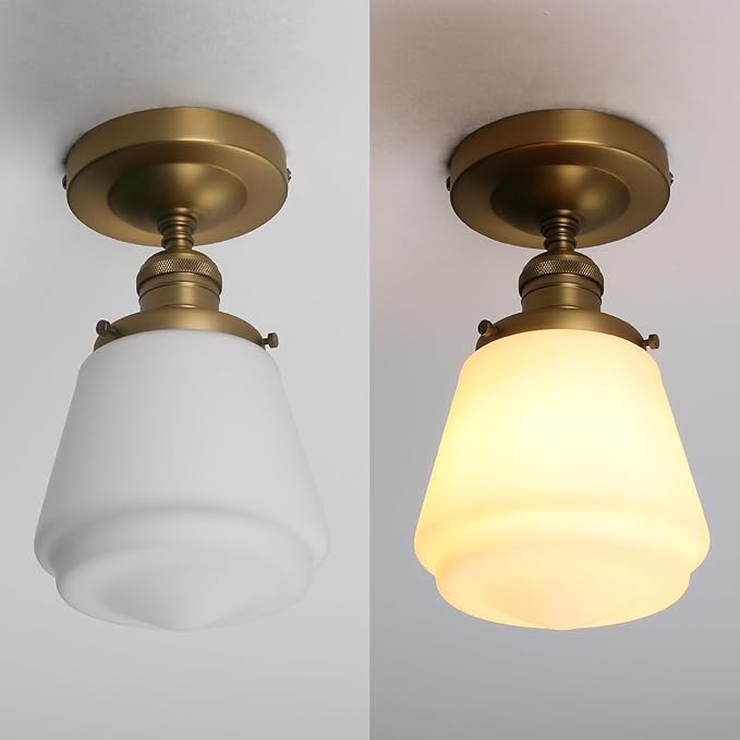 Industrial Semi Flush Mount Ceiling Light with Milk White Glass Pendant Lamp Shade, Vintage Close to Ceiling Light Fixture for Porch, Hallway, Entryway, Kitchen, Bedroom, Hotel