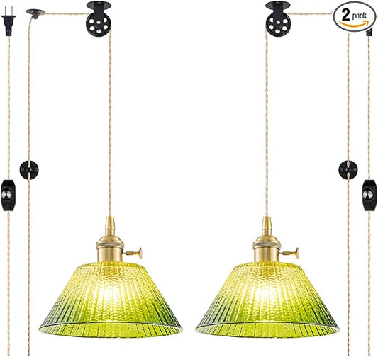 Plug in Pendant Light Vintage 2 Pack, Dimmable Pulley Hanging Lamp with Gradient Green Glass Shade, Brass Hanging Lights with Plug in Cord, Gold Plug in Hanging Light Fixture for Living Room Ceiling