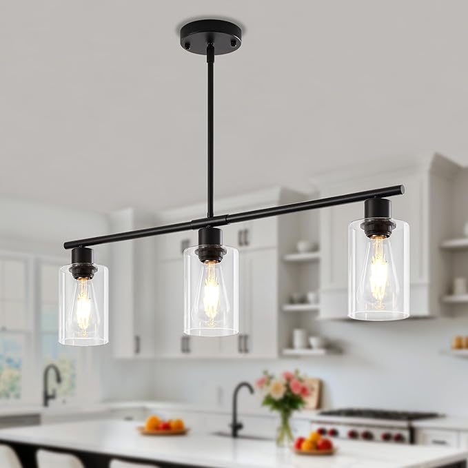 Modern Island Lights for Kitchen, Clear Glass Pendant Lighting Over Island Kitchen Hanging Light Fixtures 3-Light Black Farmhouse Chandelier for Dining Room Foyer Living Room