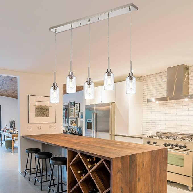 TODOLUZ 5-Light Farmhouse Chandelier, Adjustable Height Pendant Light Fixtures in Brushed Nickel, Dining Room Hanging Ceiling Lighting with Seeded Glass Shade