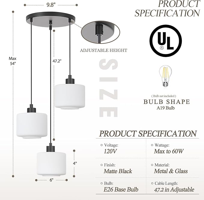 3-Light Pendant Lighting, Black Dining Room Chandelier Light Fixture Over Table with Milk Glass, Modern Cluster Hanging Lights for Kitchen Island Dining Room Sink, OS-YQ8153-3BKW