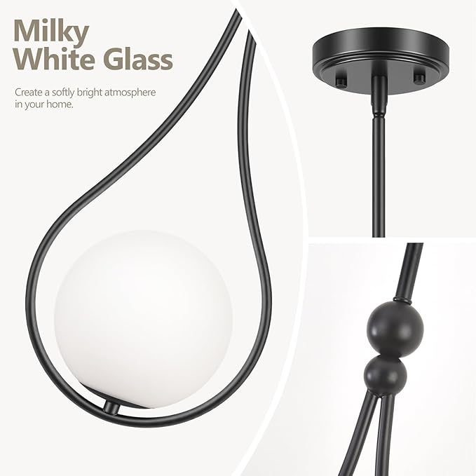 Black Pendant Lights with Milky White Globe Glass Pendant Lights Kitchen Island Adjustable Mid Century Hanging Pendant Light Fixtures for Kitchen Dining Room Entryway, 1 Pack