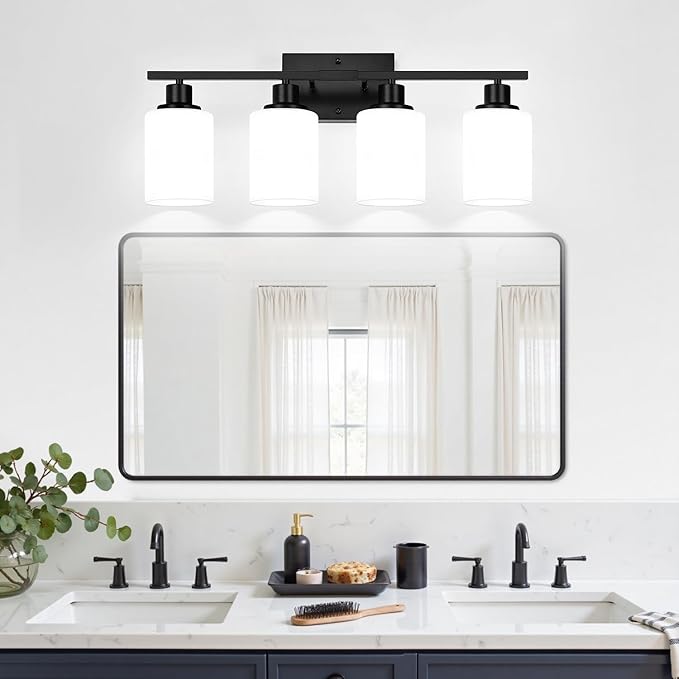 Indoi 4-Light Bathroom Light Fixtures, Matte Black Vanity Lights with Milk Glass Shades, Modern Bathroom Wall Lamp for Mirror Living Room Bedroom Porch