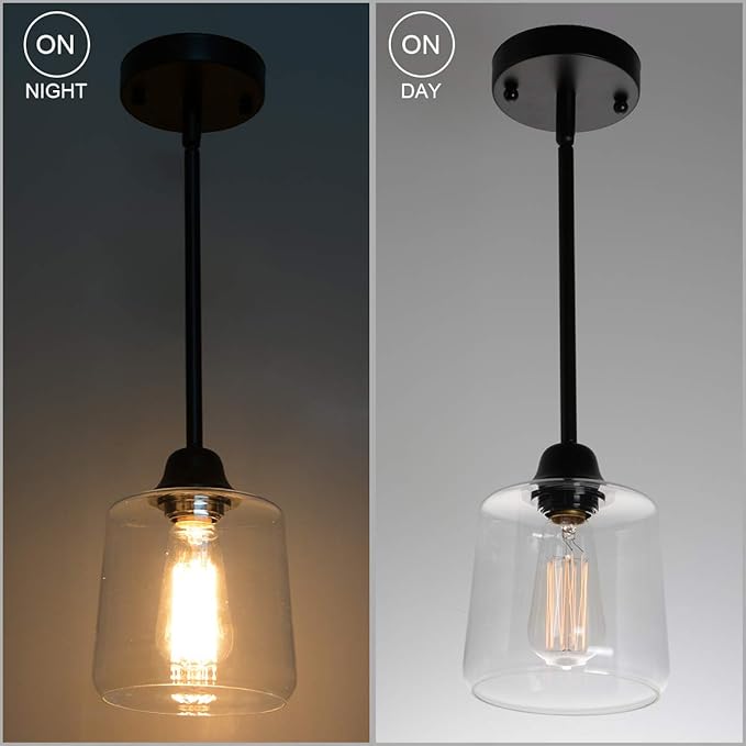 VILUXY Vintage Glass Pendant Light, Single Hanging Pendant Lighting, Black with Clear Glass Shade Classic for Farmhouse, Entryway, Dining Room, Kitchen Island, Foyer