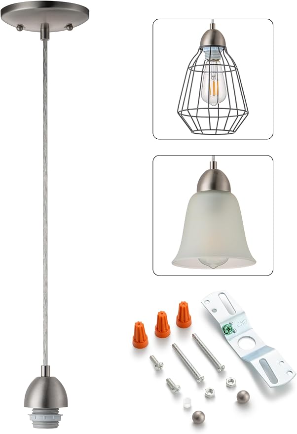 Brushed Nickel Pendant Light Kit, Mini Pendant Lighting for Kitchen Island, DIY Make Modern & Industrial & Farmhouse Hanging Lights, Adjustable Height, 1 Pack（Shade and Bulb Not Included）
