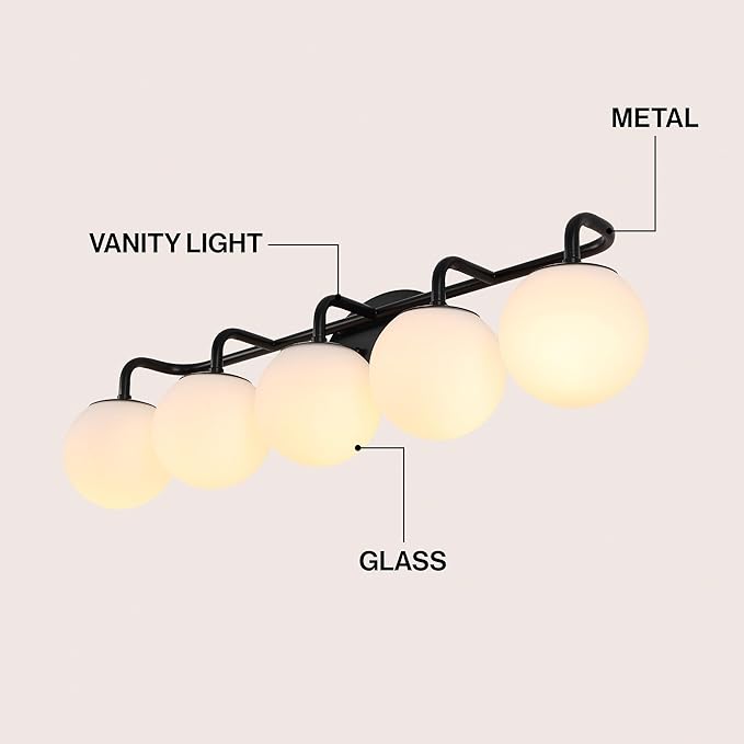 JONATHAN Y 33" Black Modern Globe Wall Sconce Vanity Light for Bathroom, White Frosted Glass Shade, Midcentury Parisian Bistro Wall Lamp, LED Bulb Included (JYL3559B)