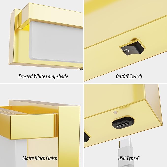 Battery Wall Sconce Gold Wall Light with On/Off Switch 8 inch LED Wall Lamp Acrylic Lampshade 3CCT Sconce Wall Lighting