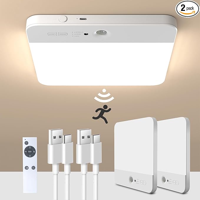 NARUNDREN 2 Pack Rechargeable Motion Sensor LED Ceiling Light with Remote, Wireless Battery Operated Closet Light, 400LM Dimmable 3 Color Temperatures, Ideal for Stair Hallway Garage Pantry
