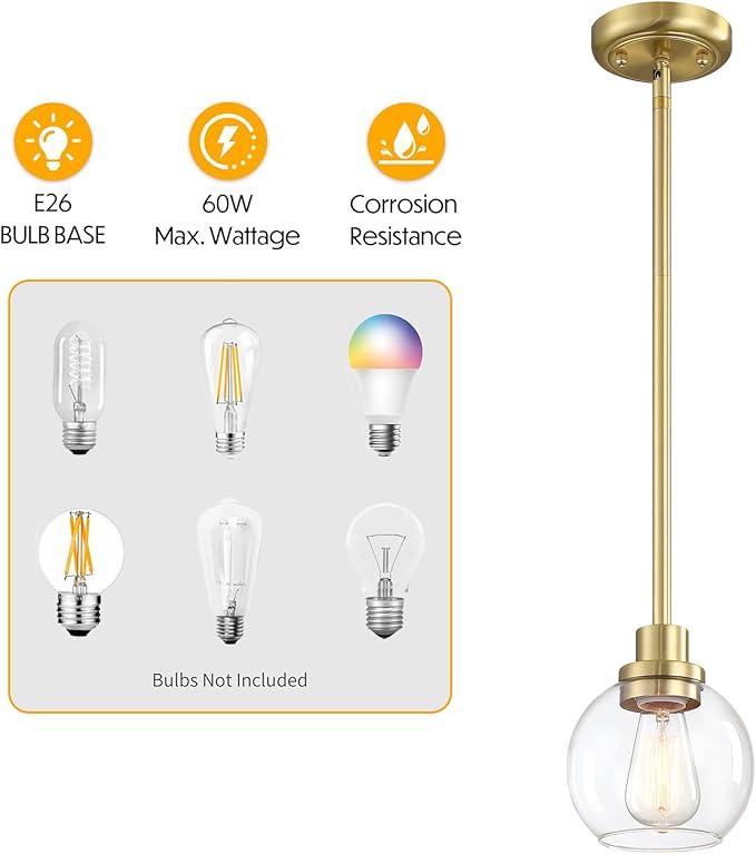 gernehop 2 Pack Globe Pendant Light Gold Mid Century Modern Light Fixture, Clear Glass Pendant Lights Kitchen Island Pendant Lights Brushed Brass Finished with Clear Glass Lampshade