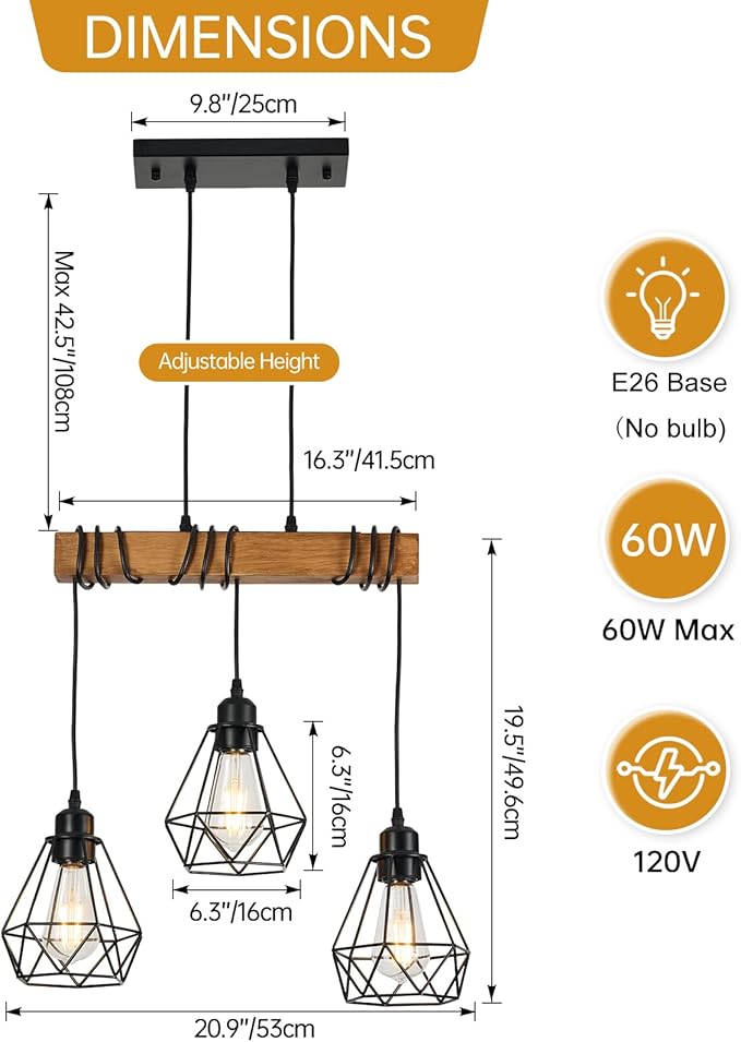 3-Lights Farmhouse Dining Room Pendant Light Fixtures Over Table, Rustic Solid Wood Kitchen Island Lighting Hanging with Metal Shades, Modern Black Ceiling Lamp for Living Room Hallway