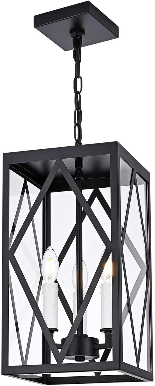 3 Light Outdoor Pendant Lights for Porch, 15.7'' Waterproof Exterior Hanging Porch Lights Ceiling Mount Outdoor Chandelier with Clear Glass for Front Porch Gazebo Patio, White Socket
