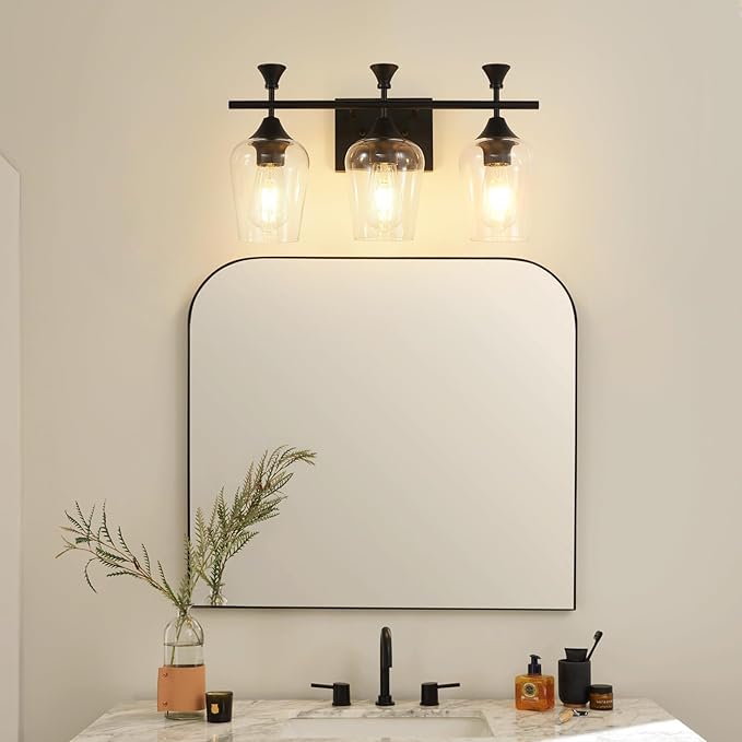 Bathroom Light Fixtures (3-Light, 19 Inch), Matte Black Vanity Lights for Bathroom with Clear Wine Glass Glass Shade, Modern Vanity Wall Lights for Mirror Bedroom Living Room Kitchen Hallway Porch