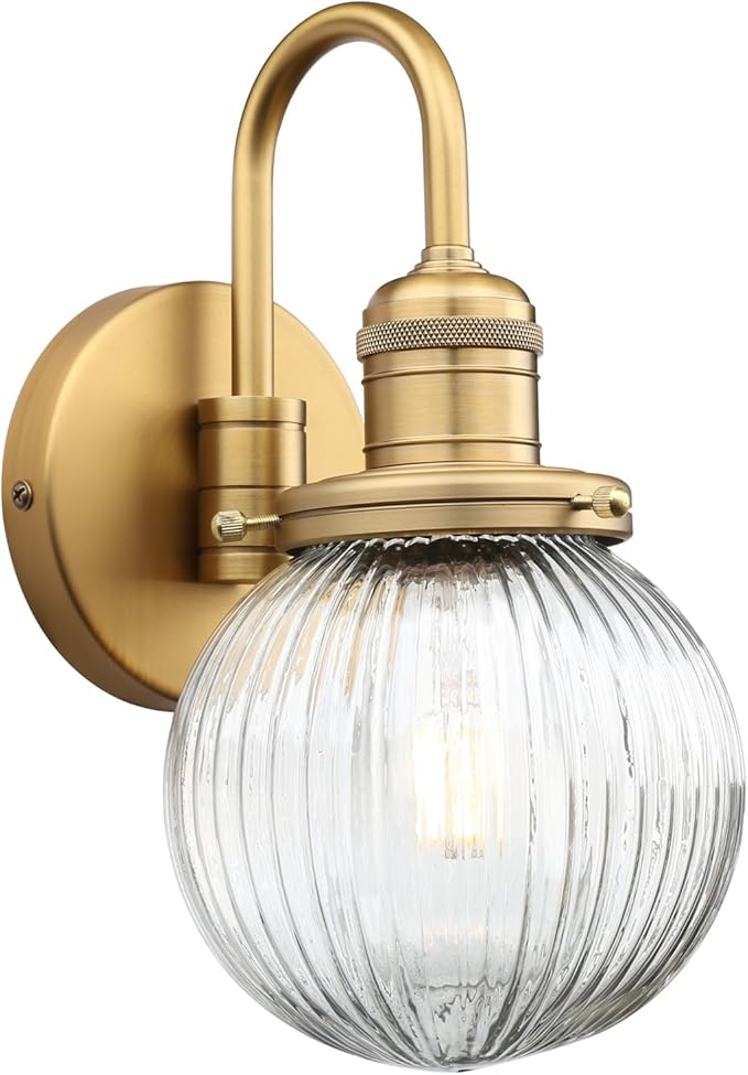 Yosoan 1-Light Brass Modern Vintage Indoor Wall Sconce, Vanity Single Luxury Hardwired Retro Textured Striped Globe Round Clear Glass Shade with Industrial Curved Rod Bathroom Lamp(Antique)