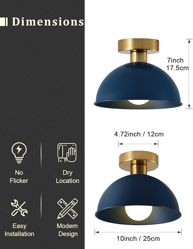 Industrial Semi Flush Mount Ceiling Light with Gold Plate and Blue Shade, Farmhouse Ceiling Light Fixture for Kitchen Island Dining Room Foyer Hallway Porch Barn Loft，10in